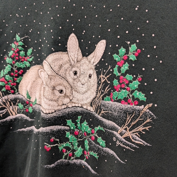 VINTAGE Morning Sun bunnies & Holly holiday Christmas sweatshirt crewneck - Picture 9 of 11